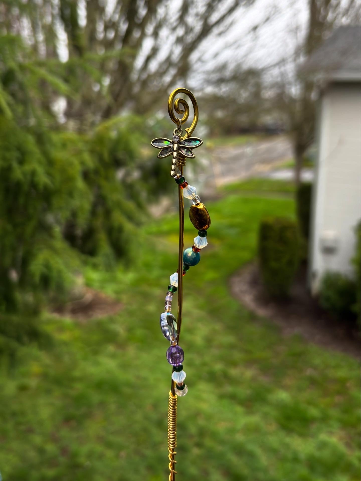 Labradorite Dragonfly Charm, Spiral Plant Decor